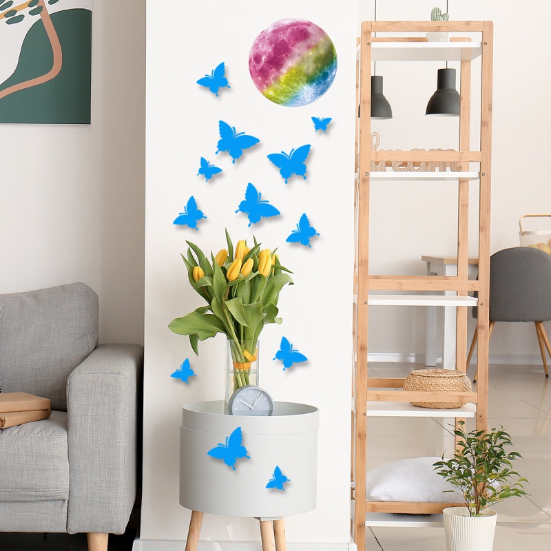 Bộ 12 Miếng Dán Tường Trang Trí Hình Bướm &amp; Mặt Trăng Phát Sáng Trong Đêm Tháo Được