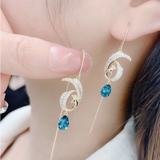Khuyên tai thời trang khí chất E1617 phượng hoàng đính đá tua dua hạt s925 màu ánh kim