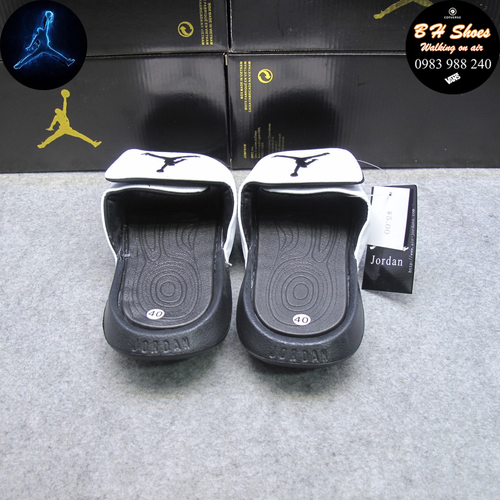 Dép JD Jordan bóng rổ FREE SHIP + hộp hãng + jordan đủ tem tag loại 1 đen đế trắng quai ngang xé dán nam nữ. BH Slippers