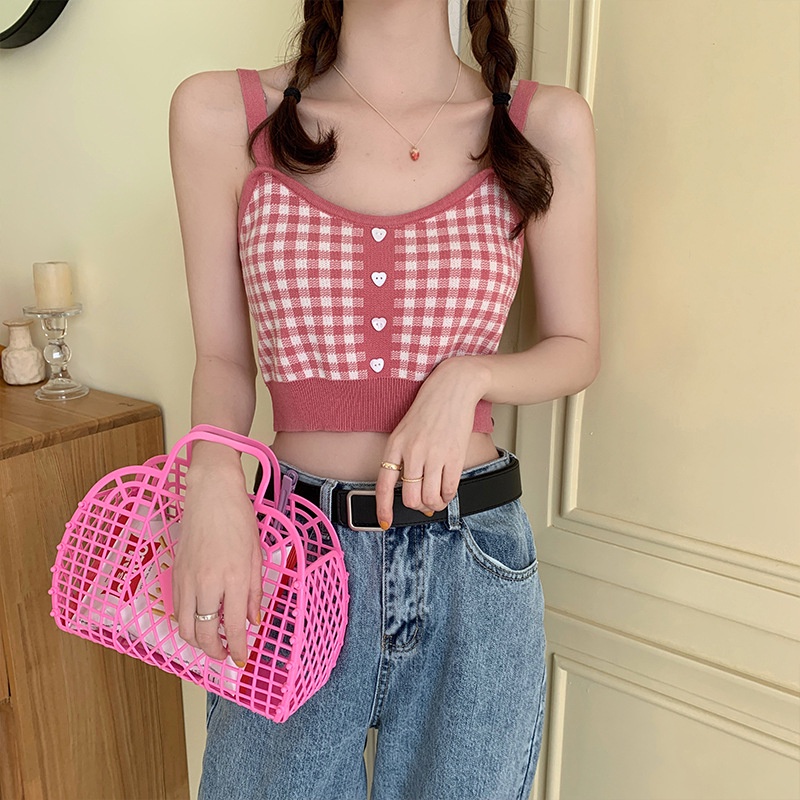 Áo croptop WANGJIAOZHAN kẻ sọc caro cổ điển sành điệu