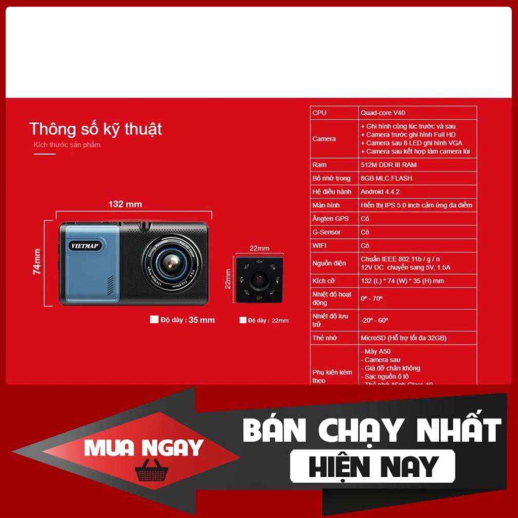 CAMERA HÀNH TRÌNH VIETMAP A50 VỪA DẪN ĐƯỜNG VỪA GHI HÌNH TRƯỚC SAU KÈM THẺ NHỚ - Chính hãng