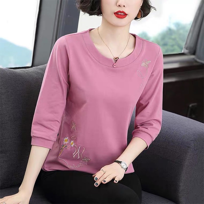 Áo thun tay dài thêu hoa thời trang cho phụ nữ trung niên
