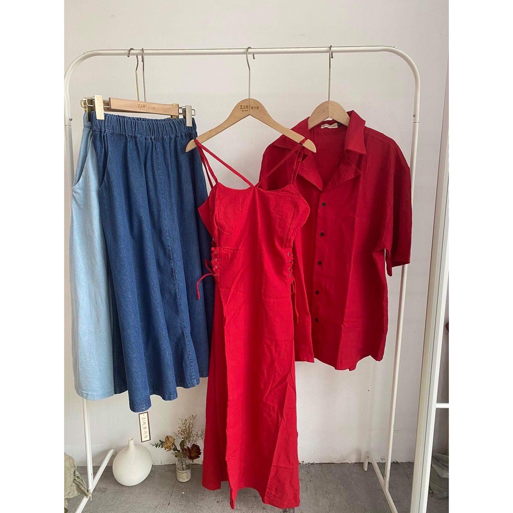 Set đồ đôi áo sơ mi nam- đầm nữ thiết kế màu đỏ đẹp đi biển thời trang (kèm ảnh thật shop tự chụp)