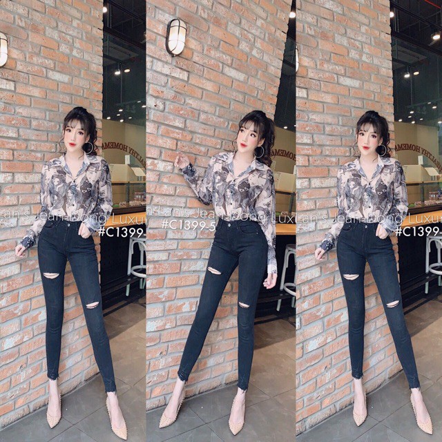 Quần jean nữa rách gối tua chân