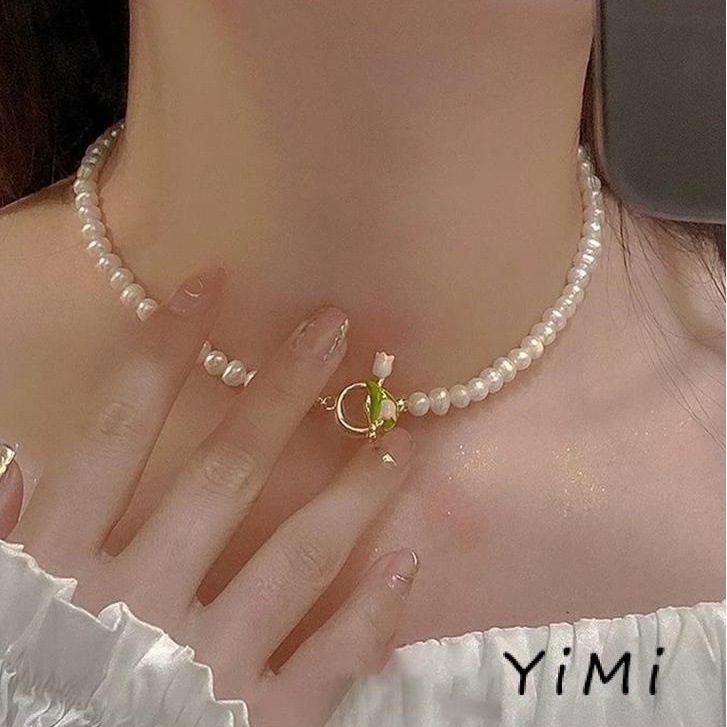 Vòng cổ Mặt Hoa Tulip Đính Ngọc Trai Nhân Tạo Thời Trang