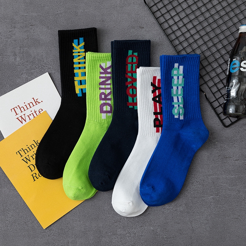 Tất bắp chân bằng cotton màu trơn họa tiết chữ cái phong cách hiphop đường phố Harajuku Nhật Bản cho nam