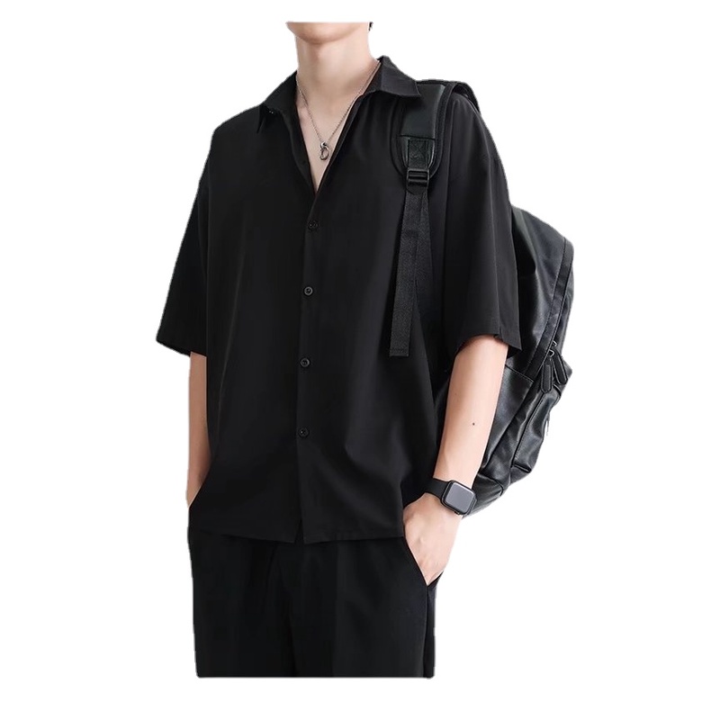 Áo Sơ Mi Trơn Tay Ngắn Dáng Rộng Thoáng Khí Phong Cách Hip Hop Nhật Bản Thời Trang Mùa Hè Cho Nam