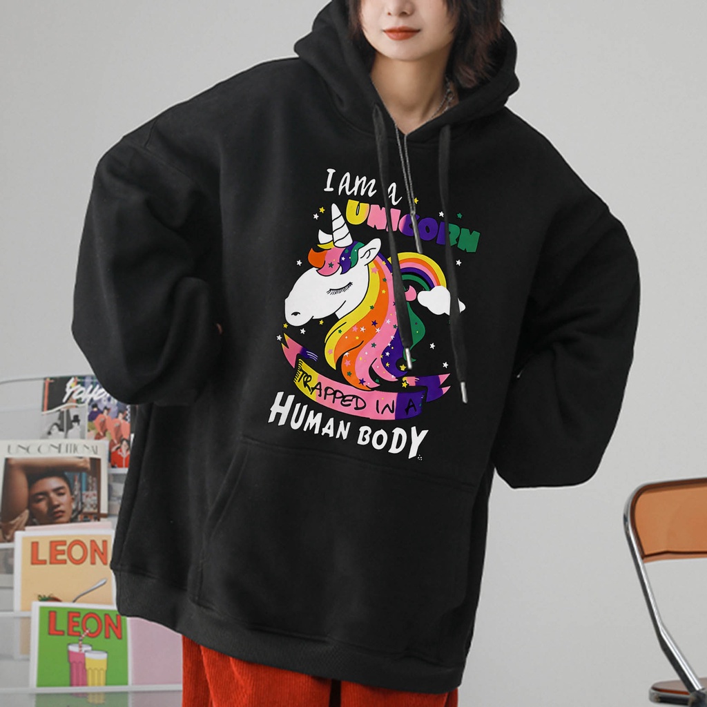 ZHELIHANGFEI Áo Hoodie Dáng Rộng In Hình Kỳ Lân Cầu Vồng Dễ Phối Đồ