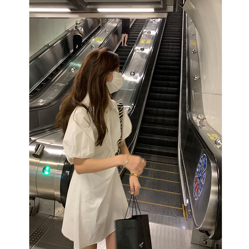 Đầm Trắng Tay Phồng Thiết Kế Lệch Tà Thời Trang Mùa Hè Mới Cho Nữ