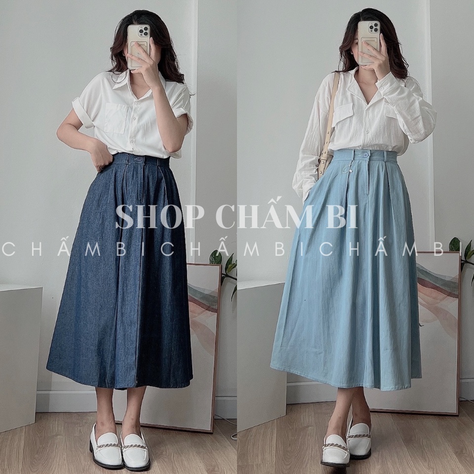 Chân váy jean dáng dài CV.018, Chân váy chun sau cạp khoá cài cúc xếp ly dáng xoè dài cách điệu - Thời trang nữ Chấm Bi