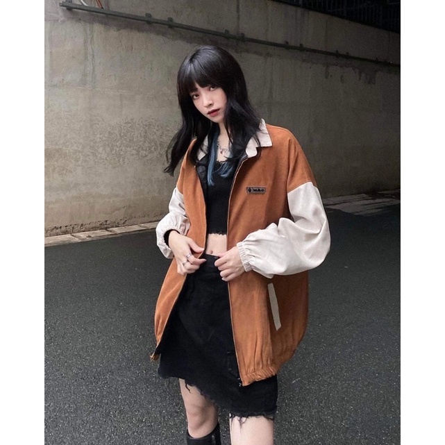 Áo khoác bomber cổ sơ mi chất vải nhung tăm hai lớp cao cấp đính logo M.B.O