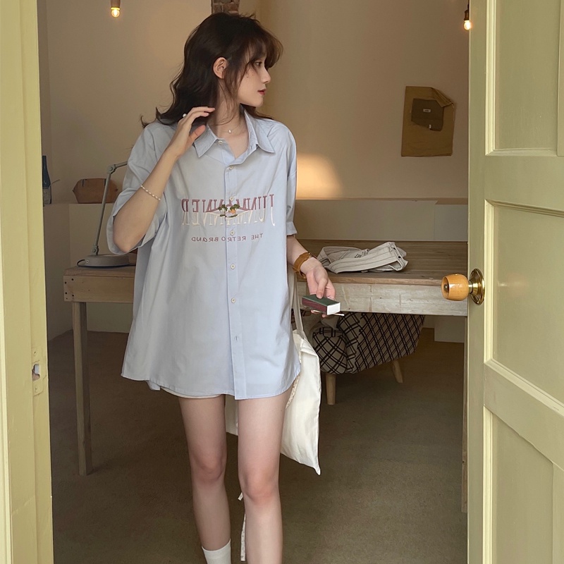 【ZHELIHANGFEI】Áo Sơ Mi Cotton Nguyên Chất Dáng Rộng Cổ POLO Họa Tiết Thêu Kiểu Retro Dễ Phối Đồ
