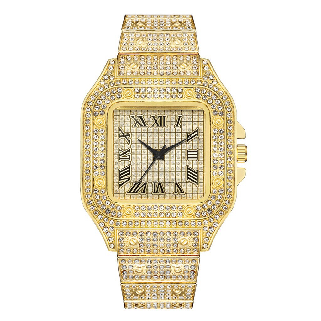 Đồng Hồ Quartz Nam Mặt Vuông Đính Hột Xoàn