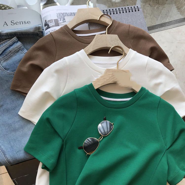 Áo thun BH cotton tay ngắn cổ tròn màu sắc đơn giản cho nữ