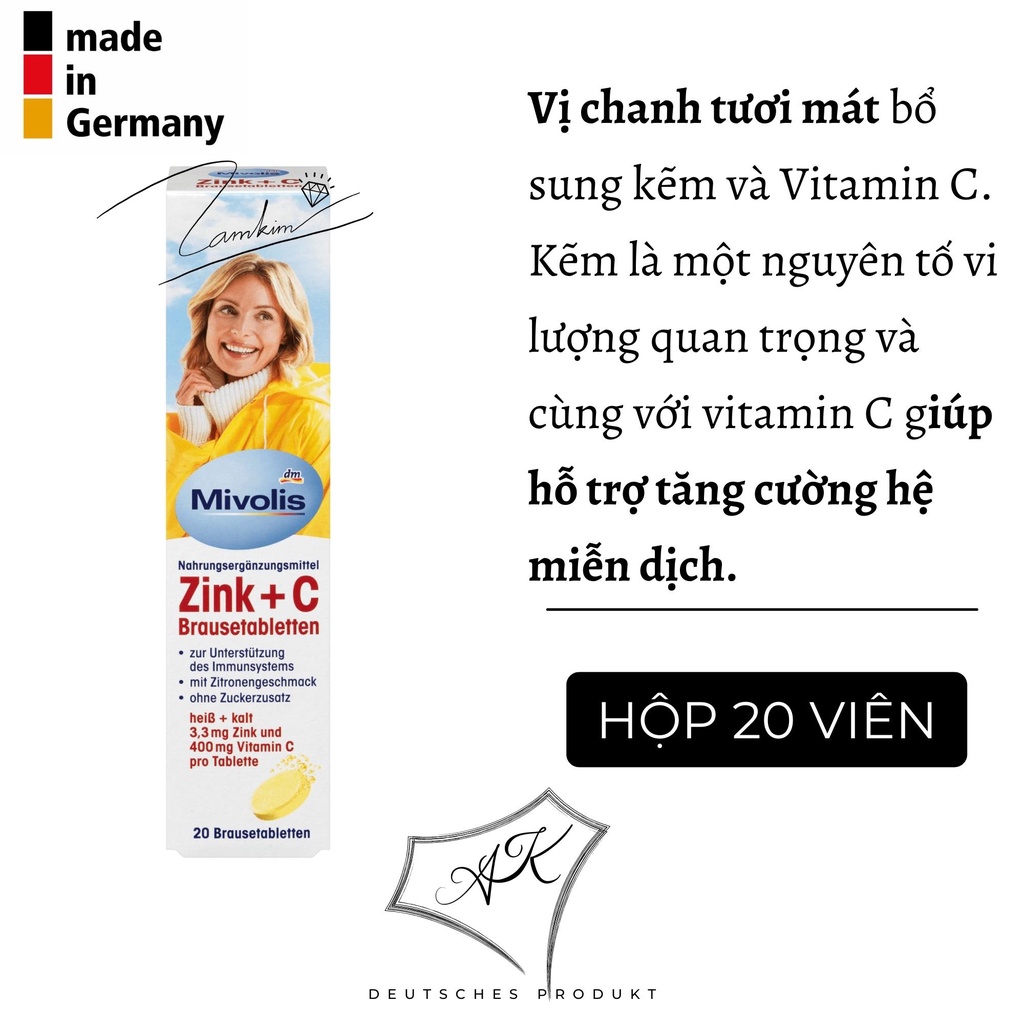 Viên sủi, C sủi Mivolis, hỗ trợ sức khỏe, tăng cường miễn dịch, nội địa Đức - tuýp 20 viên