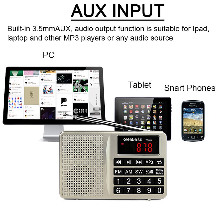 Máy Nghe Nhạc MP3 Thu Sóng Radio RETEKESS TR603 AM FM Kỹ Thuật Số Hỗ Trợ Thẻ TF Sạc Pin Li-Ion