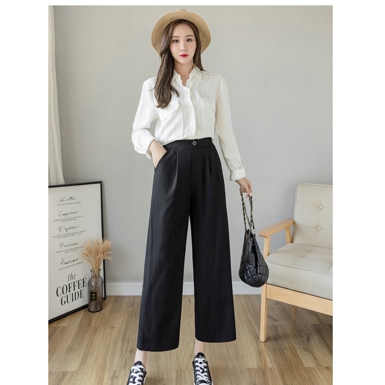 Quần ống rộng lửng lưng thun vải đũi cạp chun khóa kiểu lỡ có túi màu be đen - Quần vải xước mềm mát mặc mùa hè ở nhà