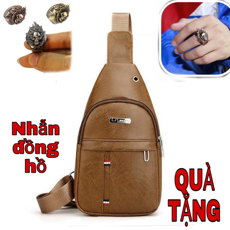 COMBO  Túi da đeo chéo nam nữ xịn sò tặng kèm nhẫn đồng hồ thời trang Thái Lan độc đáo