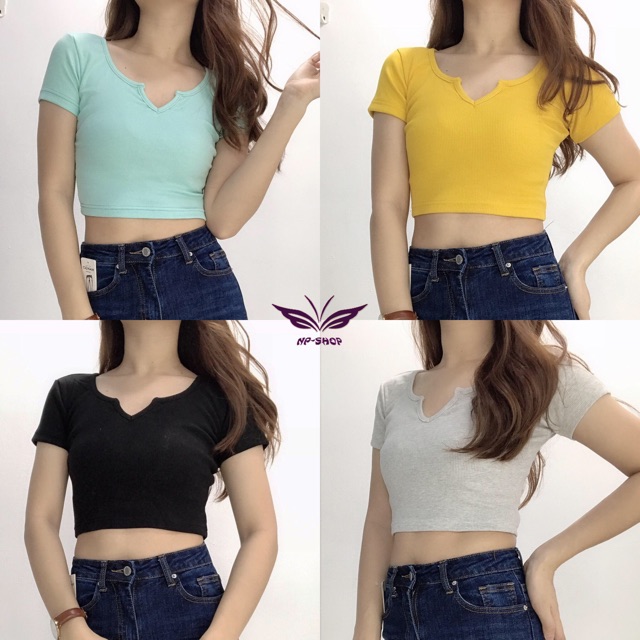 Áo croptop nữ chất thun gân cổ chữ v, áo ôm ngắn trên rốn NPAO012