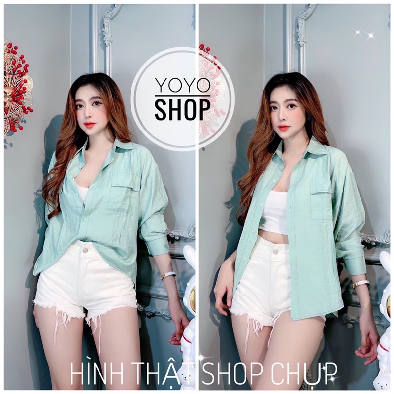 Áo sơ mi trắng trơn sơ mi đũi thụng phom rộng trơn 2 túi dài tay, sơ mi trắng nữ xinh xắn YoYo