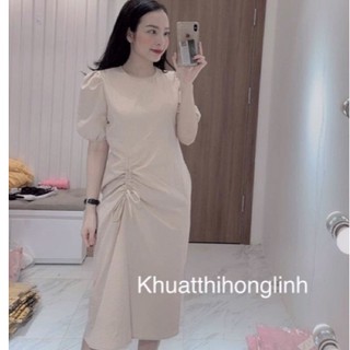 Váy suông rút eo vai bồng chất đũi xước