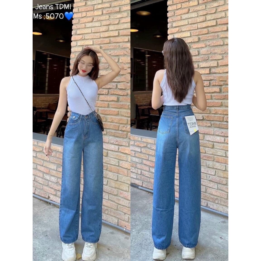 Quần baggy jean nữ JohnsonLi lưng cao, dáng rộng , ống suông, kết hợp nắp túi đai, 2 màu
