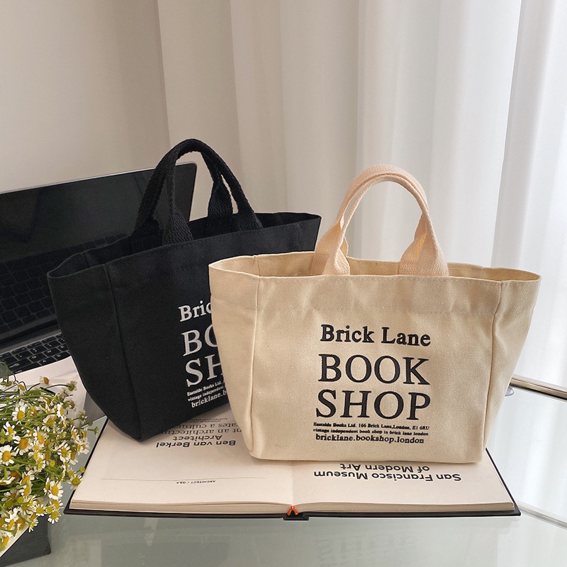 Túi Tote Vải Nữ Hình Vuông Canvas Xách Tay Kẹp Nách Có Khóa Bấm Đi Học Chơi Làm Đựng Hộp Cơm Phong Cách Hàn Quốc