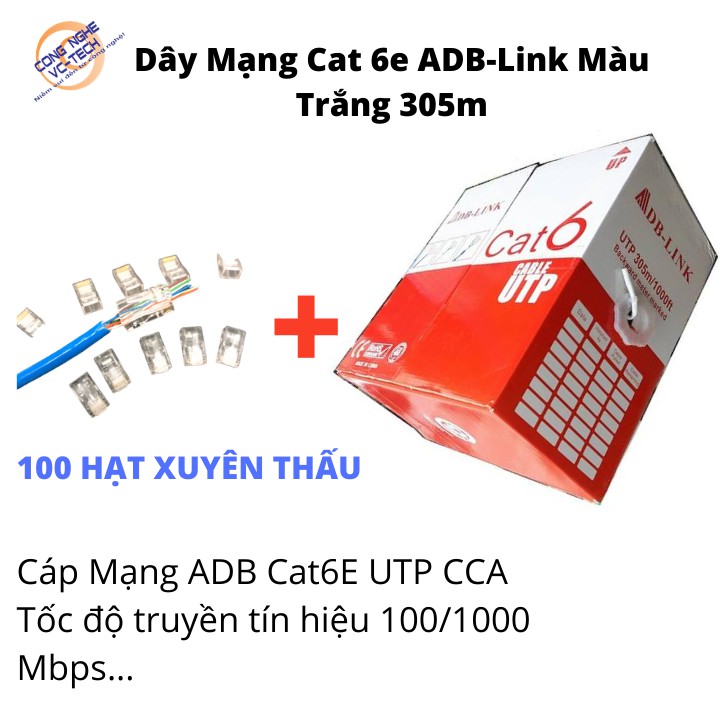 Cuộn Dây Mạng Cat 6e ADB-Link Màu Trắng 305m (Tặng Kèm túi hạt mạng xuyên thấu 100 chiếc) - Hàng Nhập Khẩu