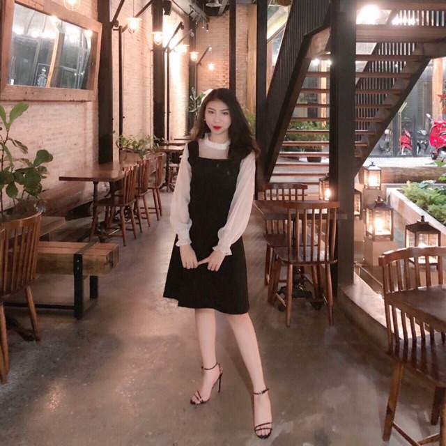 KÈM ẢNH THẬT Đầm Cổ Xếp Li Phối Voan KEM/ĐEN