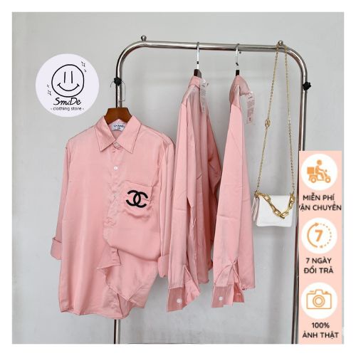 Áo Sơ Mi Lụa Bóng Thêu Chữ X Túi Ngực, Shirt Công Sở Channel Smide Clothing