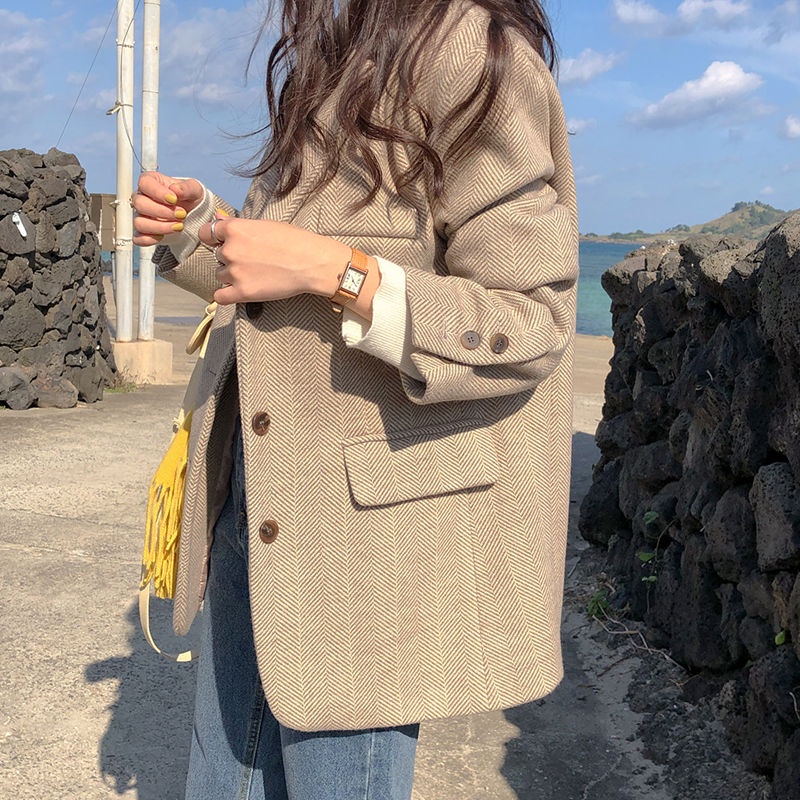 [Spot] Áo Khoác Len Dáng Rộng Họa Tiết Xương Cá Phong Cách Đường Phố Hàn Quốc ins Cho Nữ