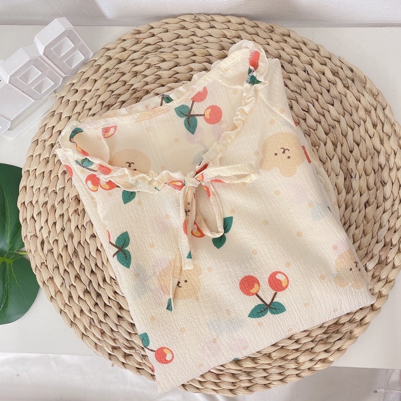 Sét bộ ngủ pijama viền bèo cổ nơ chất đũi xốp in hình cute