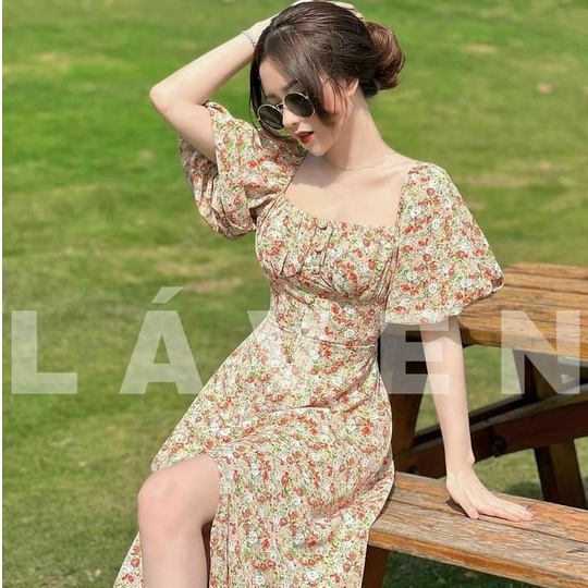 Váy Nữ Dự Tiệc,đầm Lụa Xòe Hoa Cúc Nhí Thiết Kế Cổ Vuông Tay Phồng Ôm Dáng Body Điệu Đà Sang Chảnh Thời Trang [xm Minh P