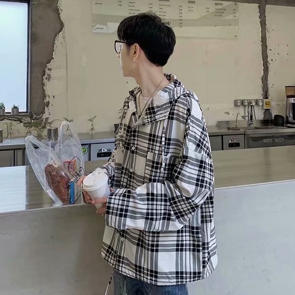 áo sơ mi Hoodie Tay Dài Kẻ Sọc Cá Tính áo sơ mi nữ caro áo sơ mi nam phong cách Hàn Quốc sơ mi nữ form rộng