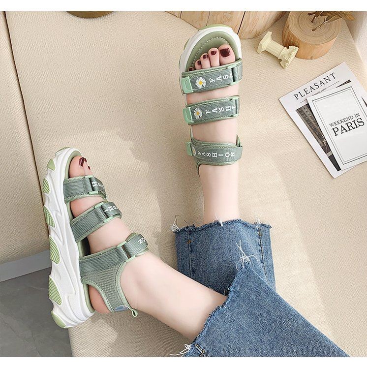 Dép Sandal (Xăng Đan) nữ độn đế 5cm thời trang ulzzang Hàn Quốc 3 quai dán in Hoa cúc cực xinh NB-15