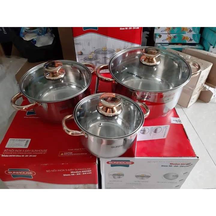 Bộ 3 nồi inox, vung kính 5 đáy Sunhouse SH781 dùng cho tất cả các loại bếp. Khẳng định và đảm bảo hàng chuẩn, mới 100%