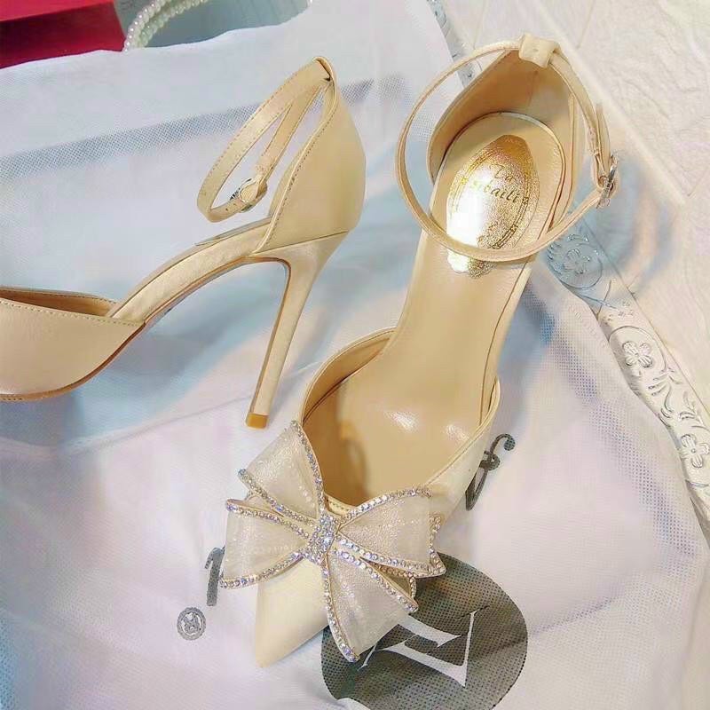 Giày cao gót đính lơ đá lụa bóng cao 7cm