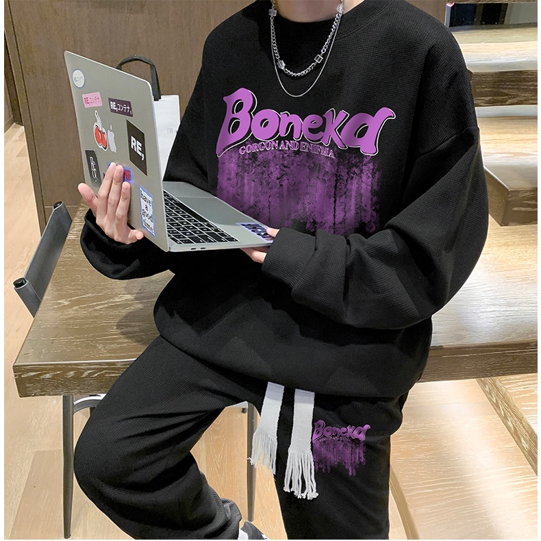 Ifnicefuture Mới Set Áo hoodie Dài Tay Cổ Tròn Dáng Rộng + Quần In Họa Tiết Thời Trang Cho Nam
