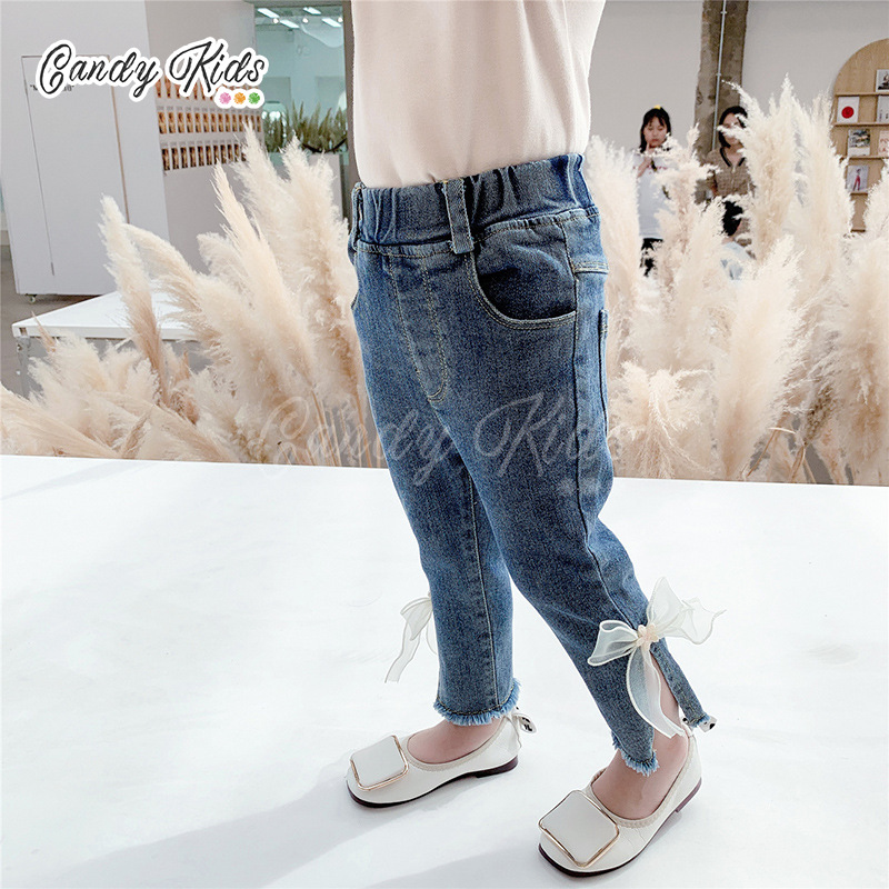 Quần Jeans Xẻ Ống Đính Nơ Co Giãn Dành Cho Bé Gái (1-6 Tuổi)