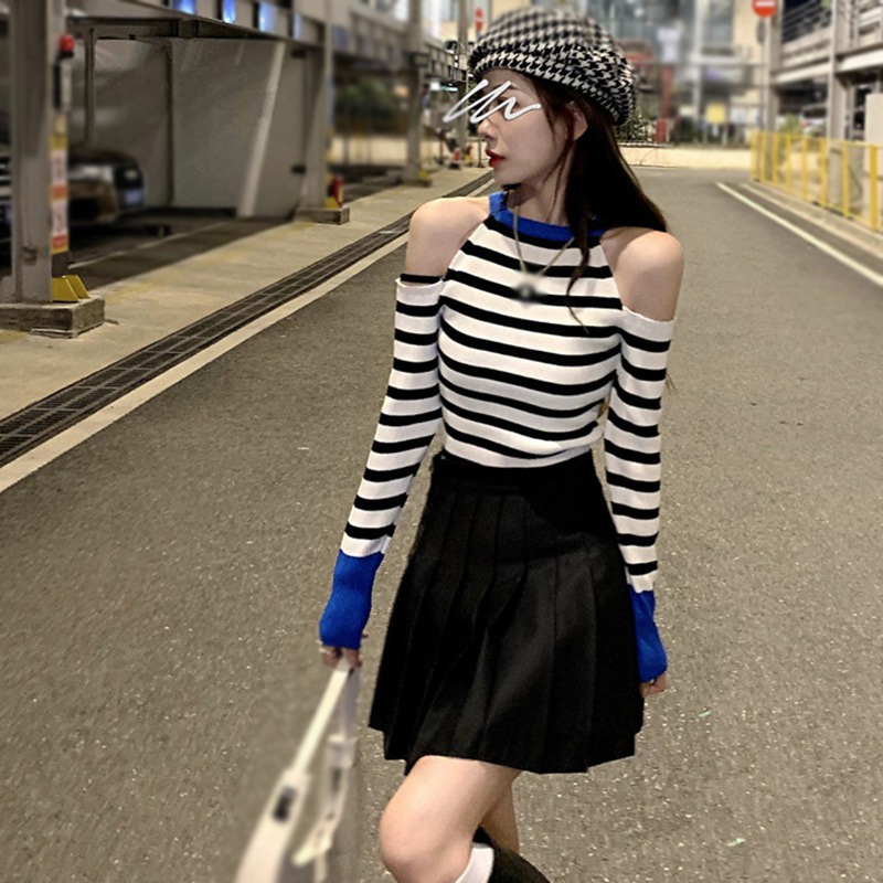 Áo Thun Dệt Kim Tay Dài Hở Vai Kẻ Sọc Màu Tương Phản Thời Trang Hàn Quốc Cho Nữ