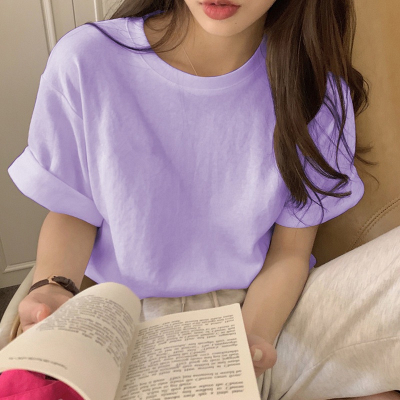 Áo Thun Cổ Tròn Tay Ngắn Dạng Cuộn Màu Sắc Kẹo Ngọt Đơn Giản Dành Cho Nữ