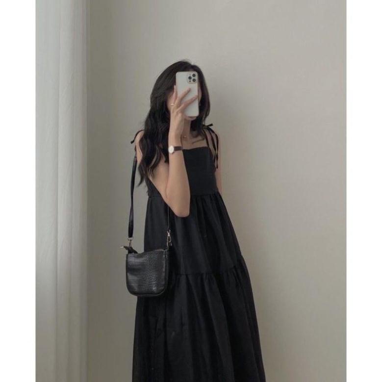 Đầm váy hai dây voan tơ buộc vai đen kem sữa váy thiết kế đầm Maxi Banamo Fashion váy hai dây buộc nơ xinh 597