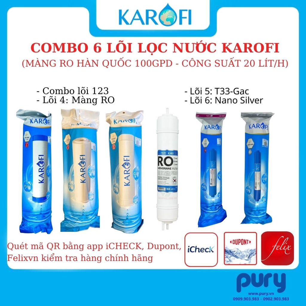 TRỌN BỘ 9 LÕI LỌC NƯỚC KAROFI CHÍNH HÃNG(Bộ123,Màng RO HÀN QUỐC,T33,Mineral, Alkaline, Far Infrared, Nano Silver))