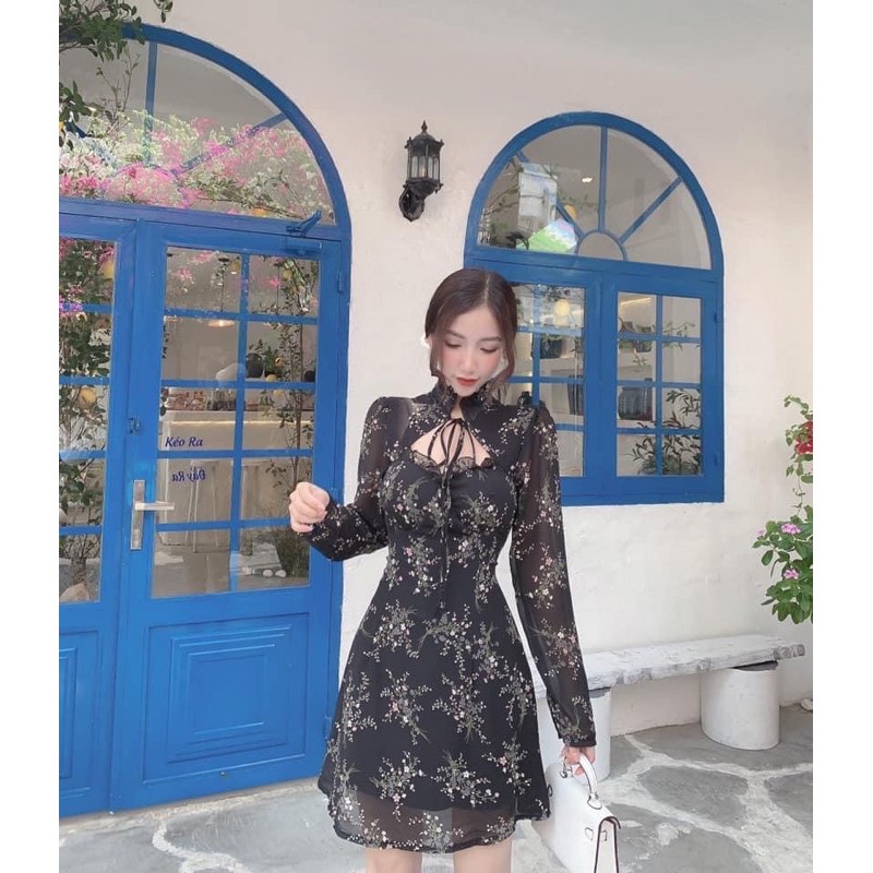 Đầm hoa cutout ngực viền bèo thắt nơ cổ 10268 | BigBuy360 - bigbuy360.vn