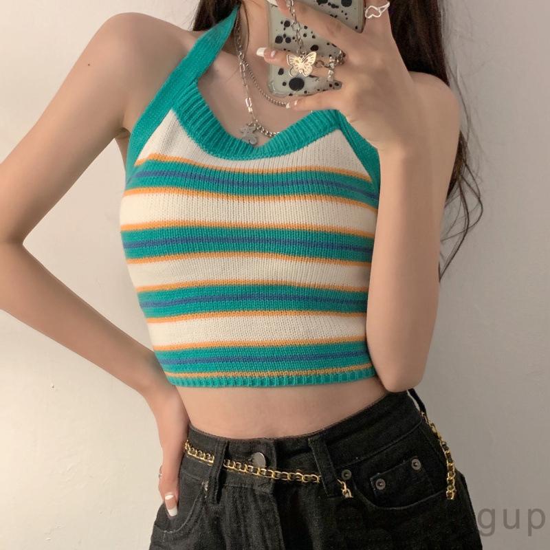 Áo Hai Dây Dệt Kim Hở Lưng Họa Tiết Kẻ Sọc Thời Trang Quyến Rũ Cho Nữ