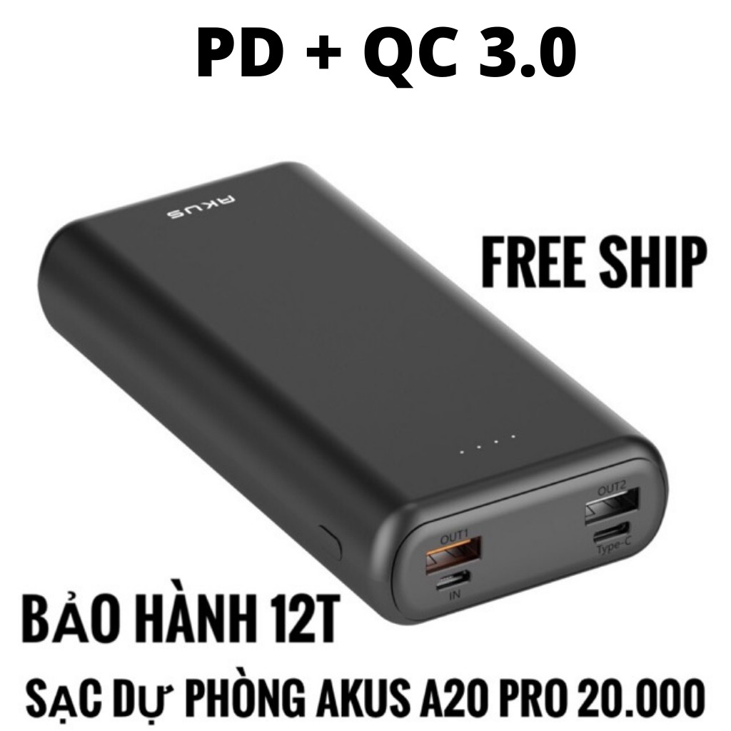 Sạc dự phòng Akus A20 Pro 20000 mAh - sạc nhanh  QC 3.0 cho IPhone, IPad, Samsung và nhiều dòng máy