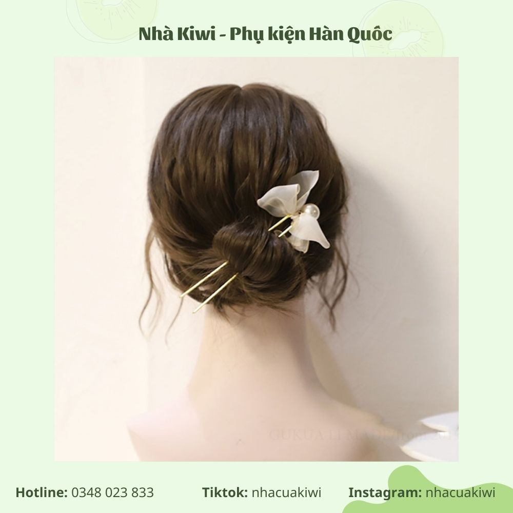 Trâm cài tóc hình chữ U kiểu nơ tua rua vải phong cách tiểu thư Hàn Quốc