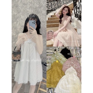Đầm Voan Lông Vũ BBD Hai Dây Cổ Yếm Tag Hoa - Form Babydoll Suông Rộng Thoải Mái - Tiểu Thư Bánh Bèo Cute