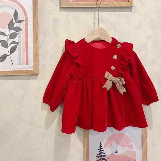 (8-20kg) Váy bé gái vải nhung đỏ 3 cúc cách điệu QATE858 - Đầm bé gái dáng xinh TB184