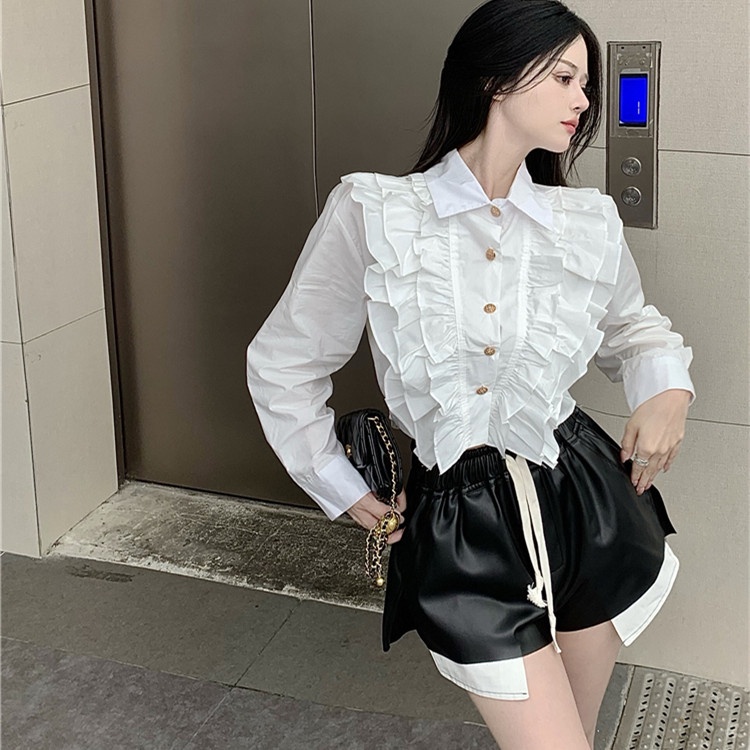 Set Áo Sơ Mi Tay Dài + Quần Short Da pu Lưng Cao Thời Trang